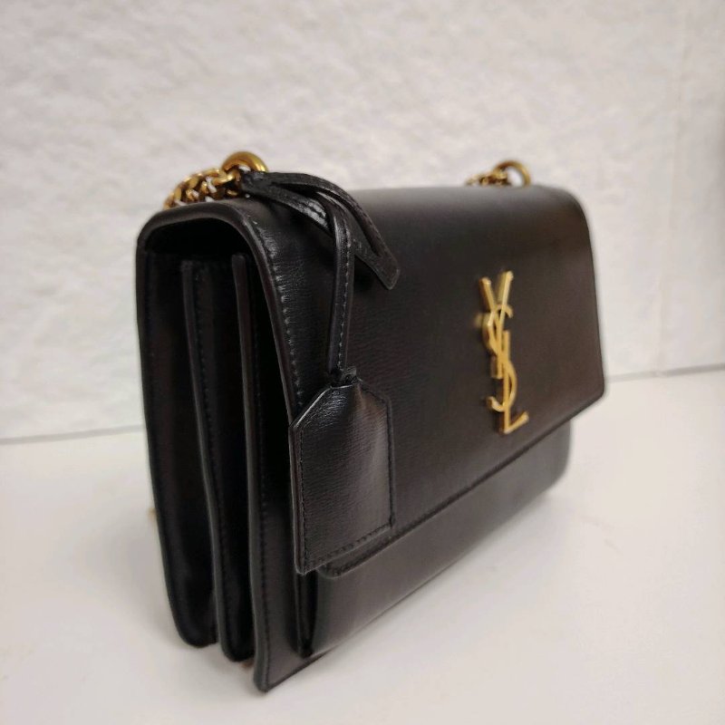 YSL PARIS 日落 黑色 牛皮 中號 牛皮光面 金扣 Sunset 鏈條包-2