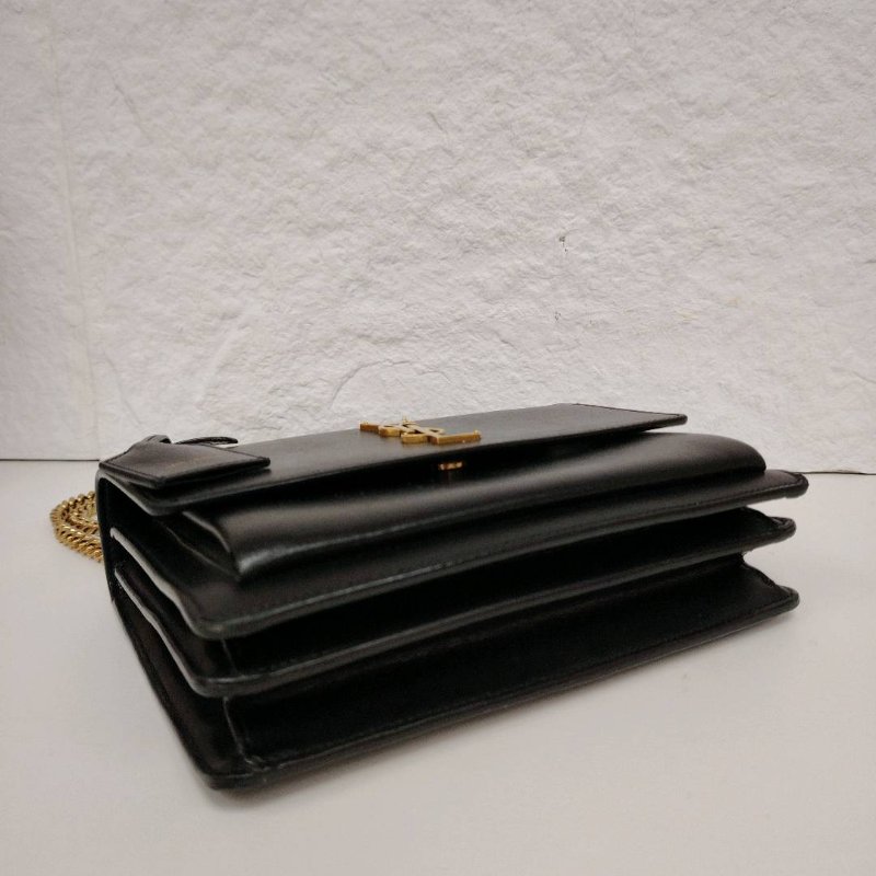 YSL PARIS 日落 黑色 牛皮 中號 牛皮光面 金扣 Sunset 鏈條包-4