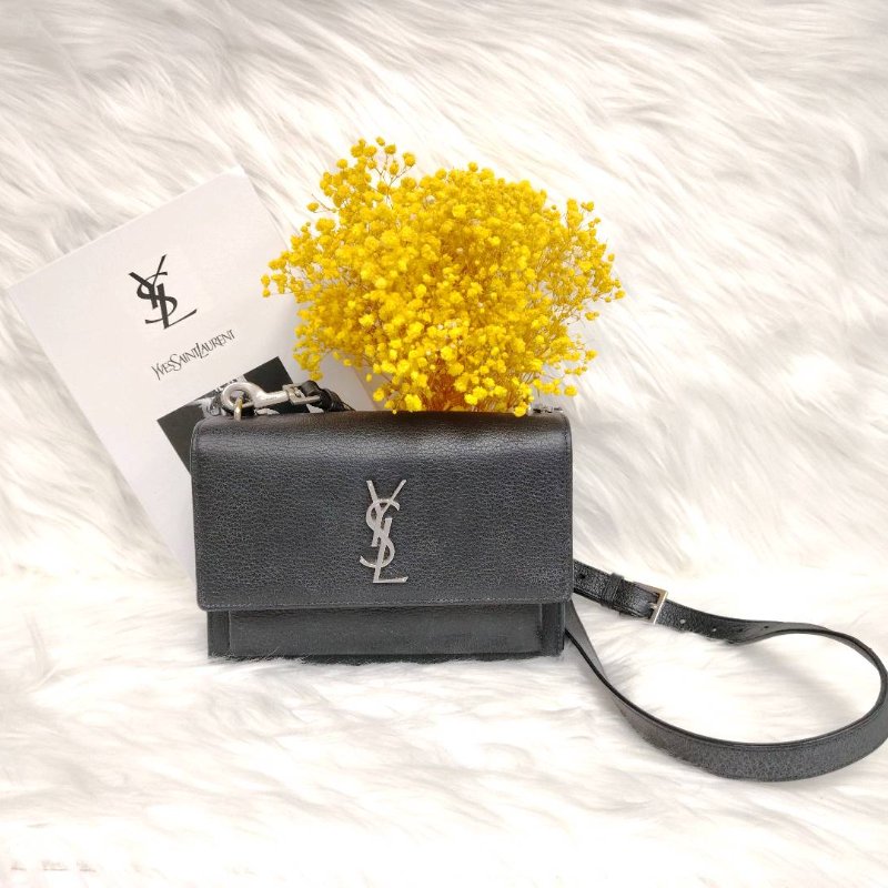 YSL 中號SUNSET黑色顆粒紋理真皮挎包-0