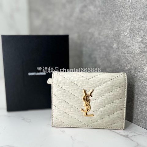 💗香緹國際精品💗 694 YSL 魚子醬短夾 米白色金
