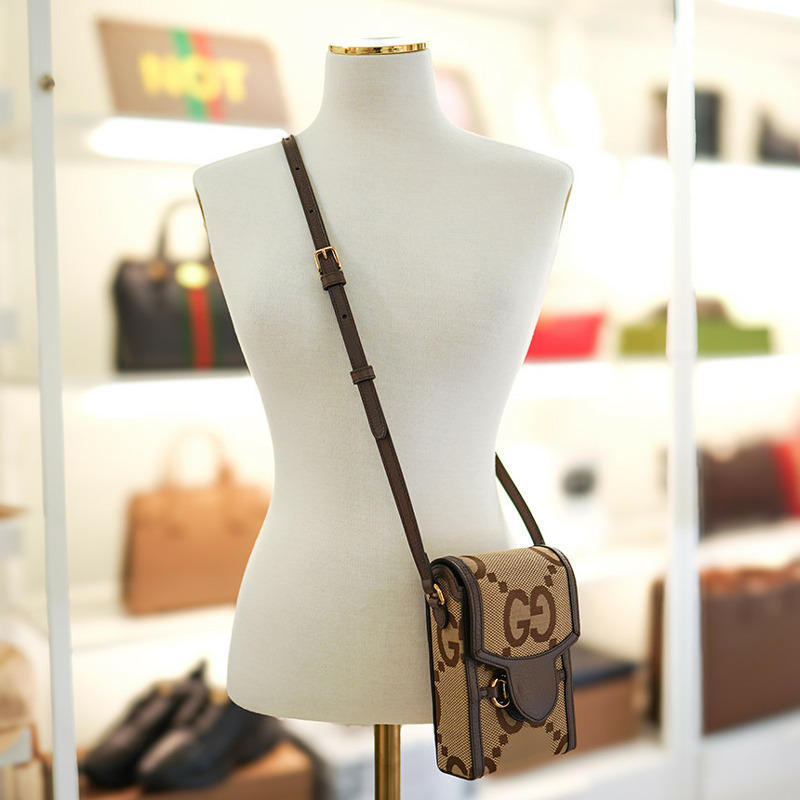 GUCCI 馬銜扣迷你斜背包 625615 UKMBG 2572 布料皮革棕色-1