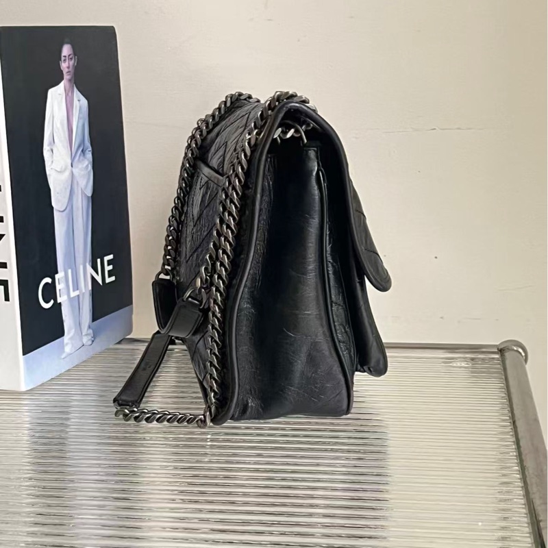 🔥新到：98新YSL/聖羅蘭 niki 中號 黑銀油蠟皮 28×20×8.5黑色銀鍊 復古油蠟皮 耐用又百搭 帥氣酷颯 上身超帥 好價🉐-3