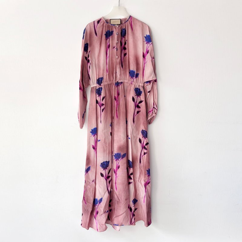 ::GUCCI:: 100% 桑蠶絲極親膚 花卉絲質洋裝 Silk Crepe De Chine Floral Print Dress-1