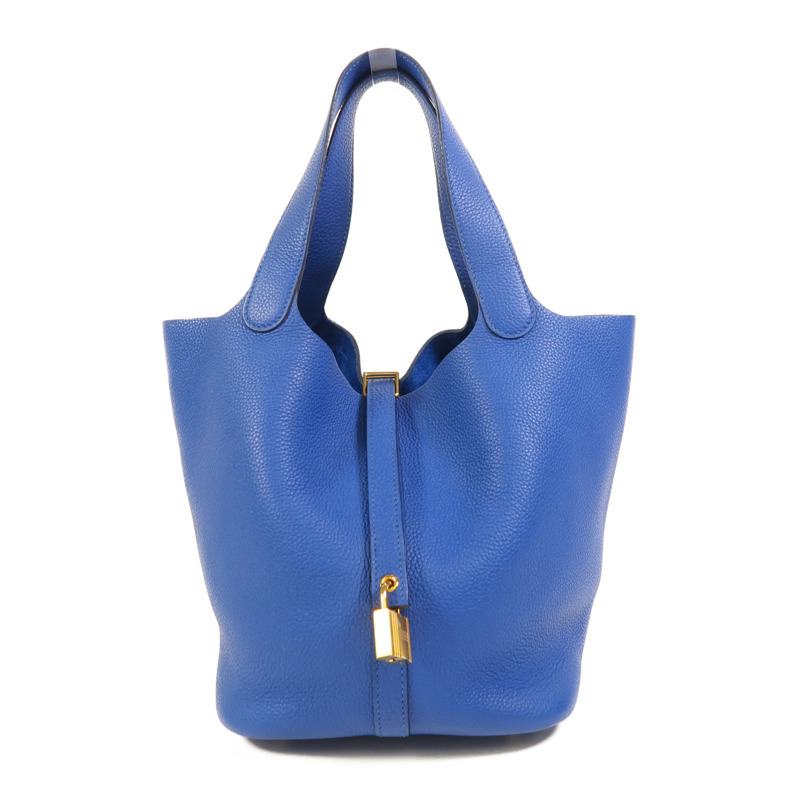 HERMES Clemence皮革Picotin MM金扣手挽袋Bleu France-0