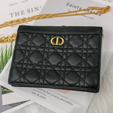 Dior Caro 黑色 藤格紋 牛皮 中號 金鏈