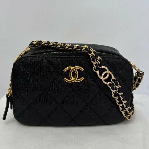 CHANEL黑荔枝牛皮金釦雙鍊相機包-小