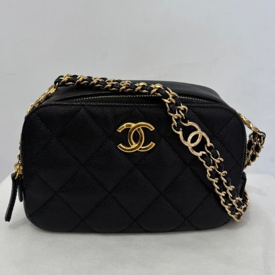 CHANEL黑荔枝牛皮金釦雙鍊相機包-小-0