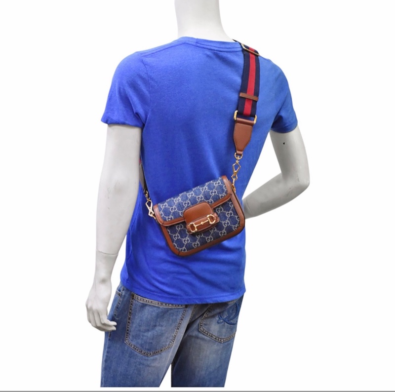 GUCCI 經典1955 Horsebit 系列馬銜釦GG印花丹寧布雙背帶肩背/斜背包 (藍色)-7