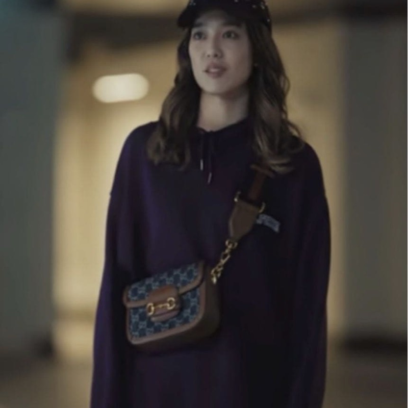 GUCCI 經典1955 Horsebit 系列馬銜釦GG印花丹寧布雙背帶肩背/斜背包 (藍色)-5