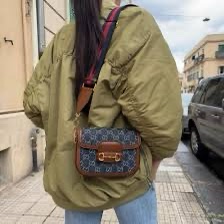 GUCCI 經典1955 Horsebit 系列馬銜釦GG印花丹寧布雙背帶肩背/斜背包 (藍色)-6