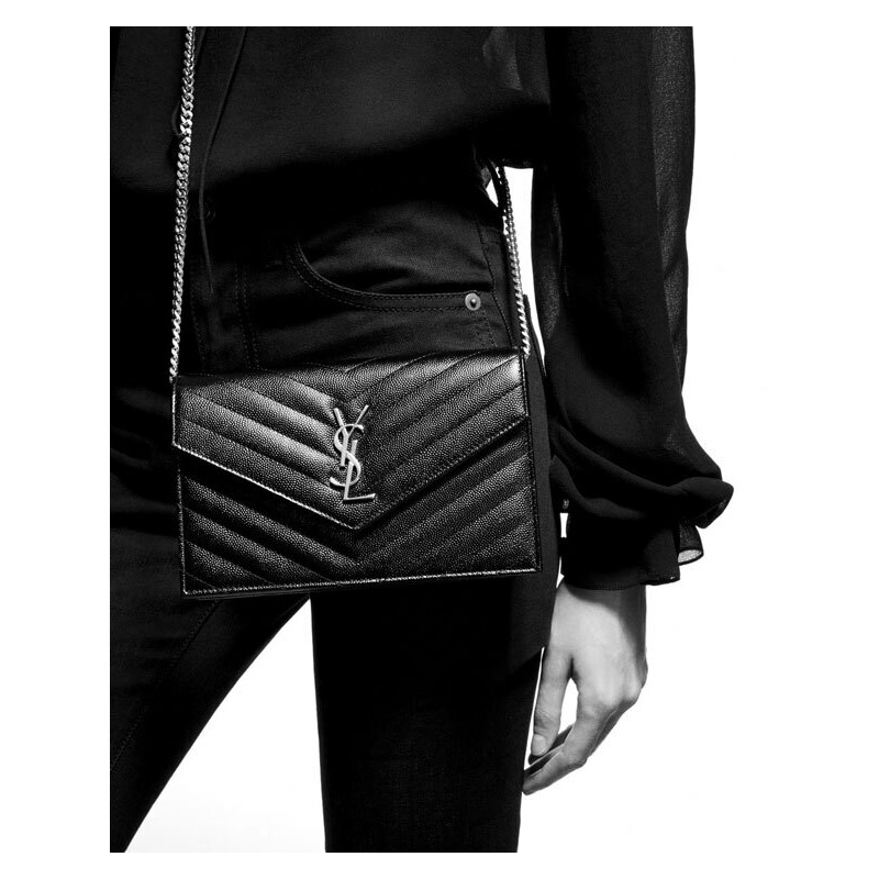 SAINT LAURENT 黑色信封鏈條單肩包,銀色五金配件 695108 BOW02 1000-9