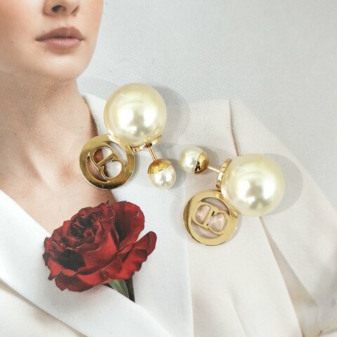 Dior CD圓環滿鑽珍珠耳環