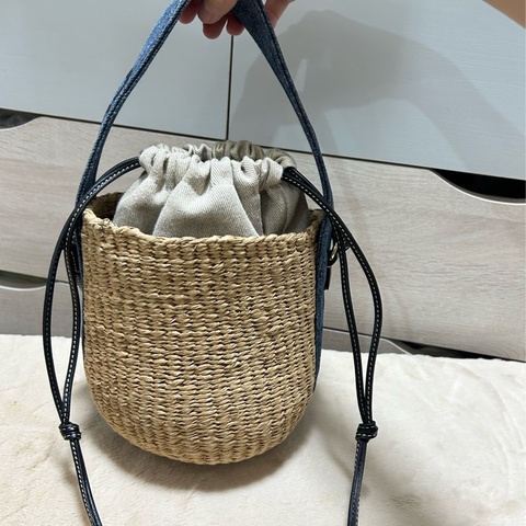 Chloe 牛仔藍牛皮竹編包 竹簍包 草編包 斜背側背手提