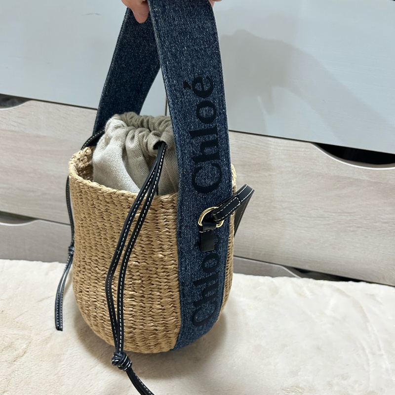 Chloe 牛仔藍牛皮竹編包 竹簍包 草編包 斜背側背手提-1