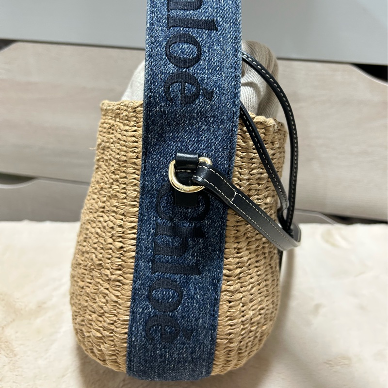 Chloe 牛仔藍牛皮竹編包 竹簍包 草編包 斜背側背手提-12