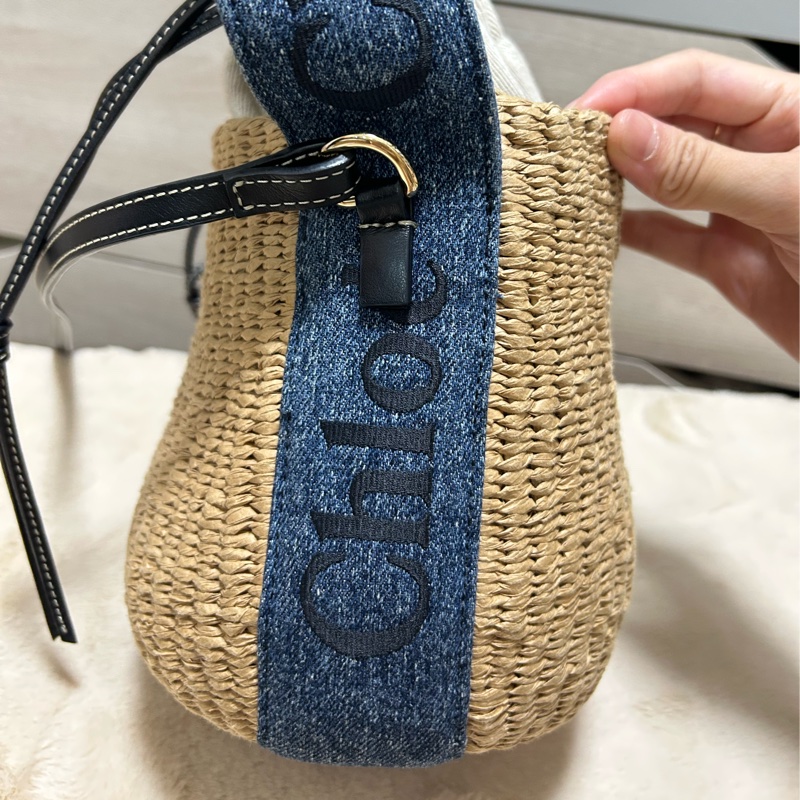 Chloe 牛仔藍牛皮竹編包 竹簍包 草編包 斜背側背手提-13