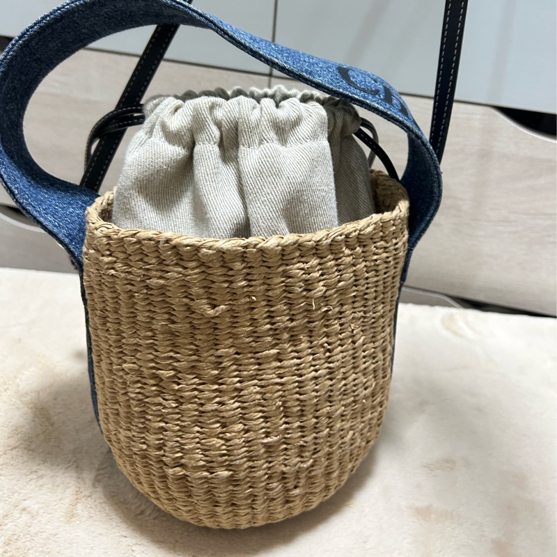 Chloe 牛仔藍牛皮竹編包 竹簍包 草編包 斜背側背手提-15