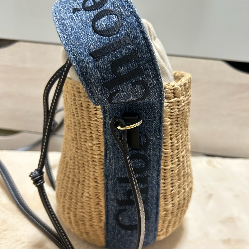 Chloe 牛仔藍牛皮竹編包 竹簍包 草編包 斜背側背手提-16