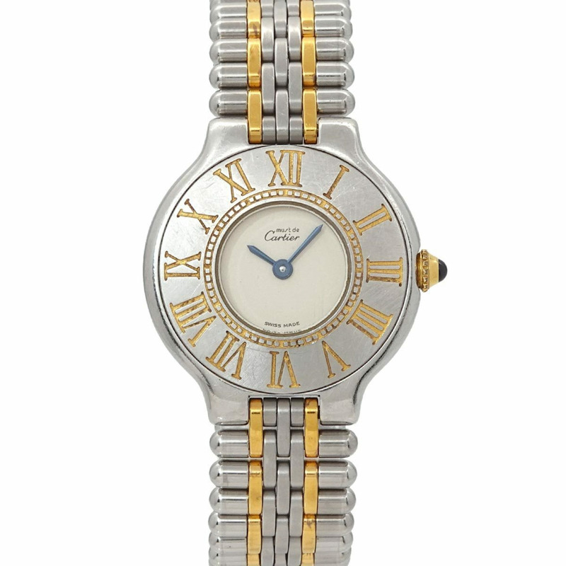 卡地亞 Must 21 Vantianne 雙色腕錶 W10051F4 女士象牙色石英錶-0