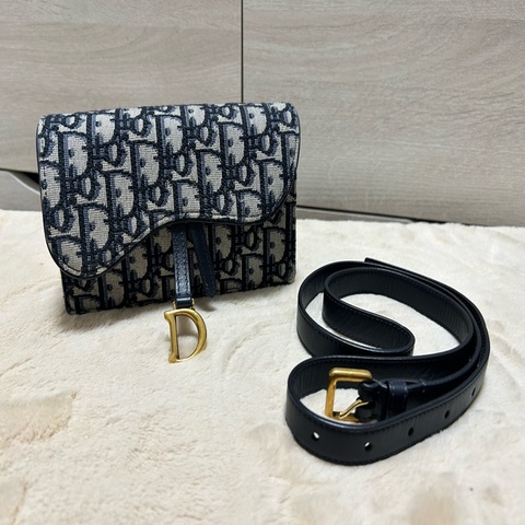 Dior迪奧 saddle 老花藍色刺繡馬鞍包單肩腰包  手拿包