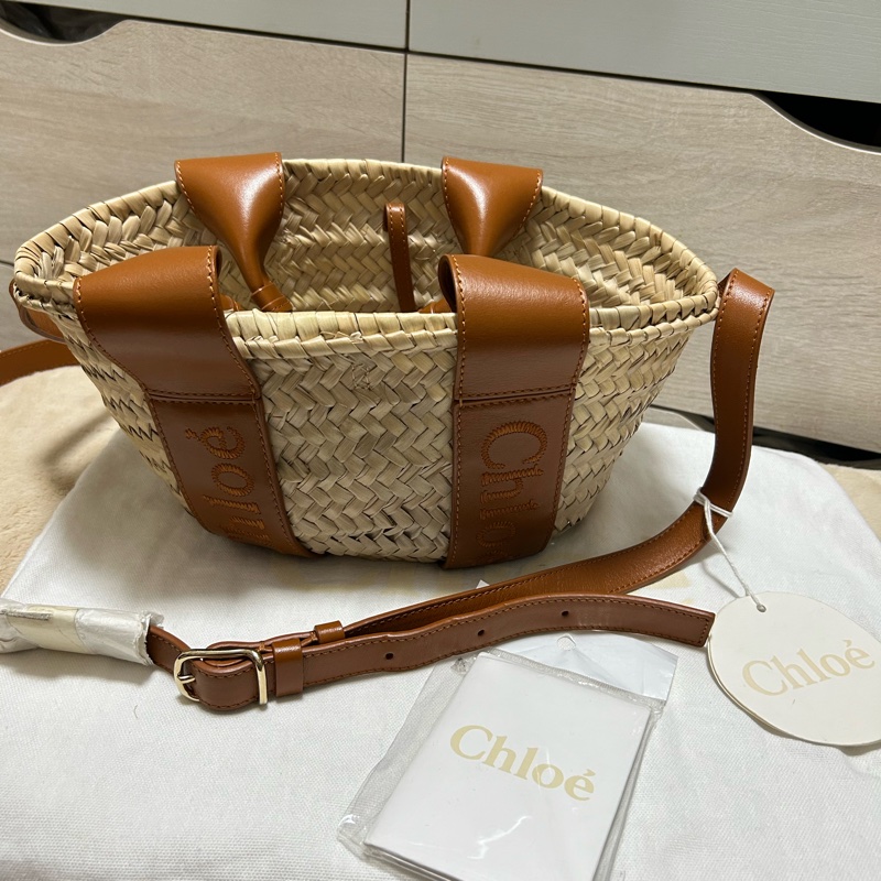 #全新閒置 Chloe Sense經典馬鞍牛皮草編托特包(棕色) 拉菲草草編包-1