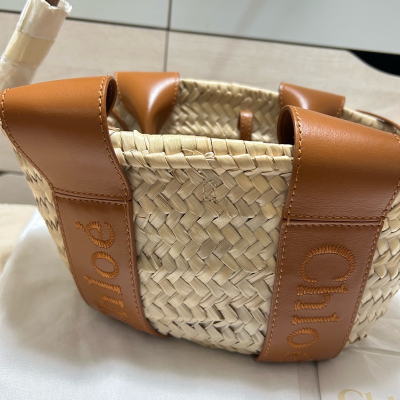 #全新閒置 Chloe Sense經典馬鞍牛皮草編托特包(棕色) 拉菲草草編包-13