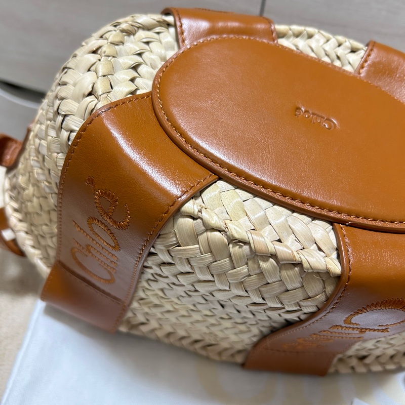 #全新閒置 Chloe Sense經典馬鞍牛皮草編托特包(棕色) 拉菲草草編包-21