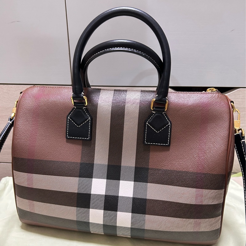 #近新 BURBERRY 巴寶莉 經典格紋皮革中型手提/斜背包(暗樺木棕色)-0