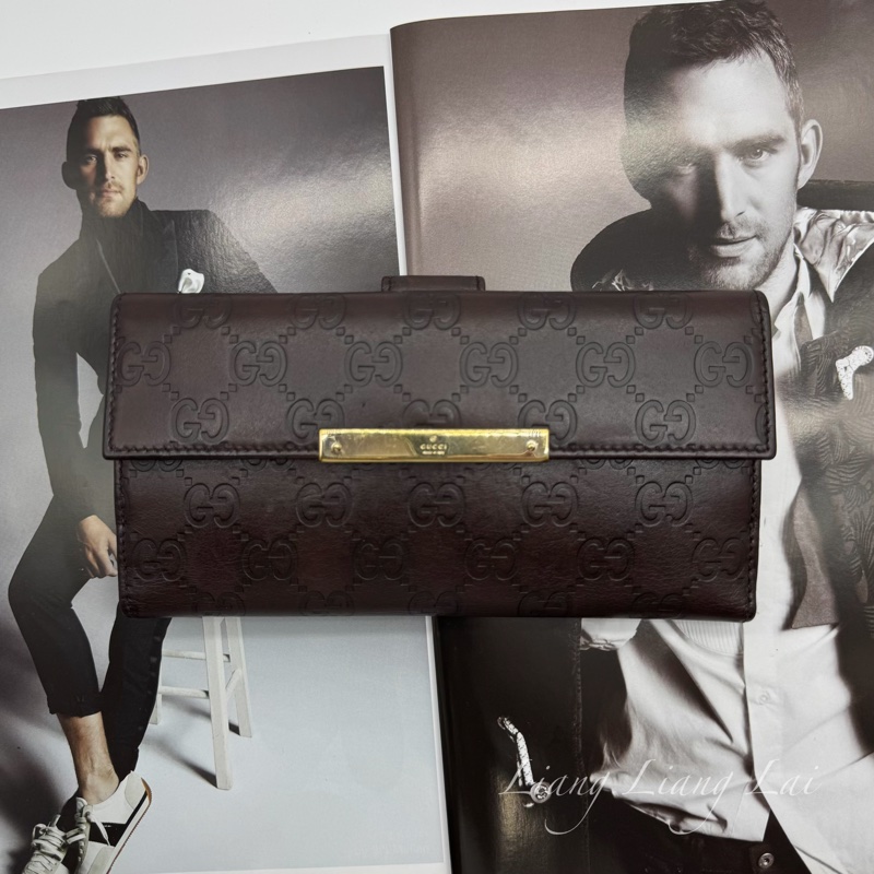 GUCCI 古馳 Guccissima 壓紋深咖啡色扣式長夾-0