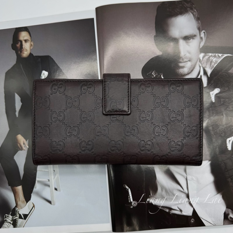 GUCCI 古馳 Guccissima 壓紋深咖啡色扣式長夾-1