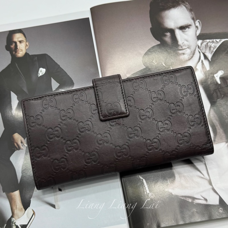 GUCCI 古馳 Guccissima 壓紋深咖啡色扣式長夾-6