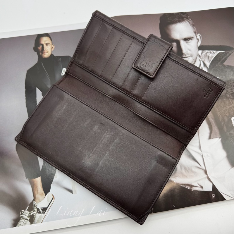 GUCCI 古馳 Guccissima 壓紋深咖啡色扣式長夾-7