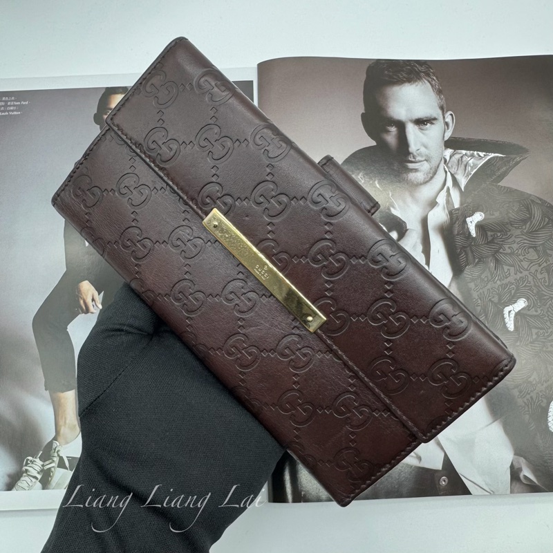 GUCCI 古馳 Guccissima 壓紋深咖啡色扣式長夾-16
