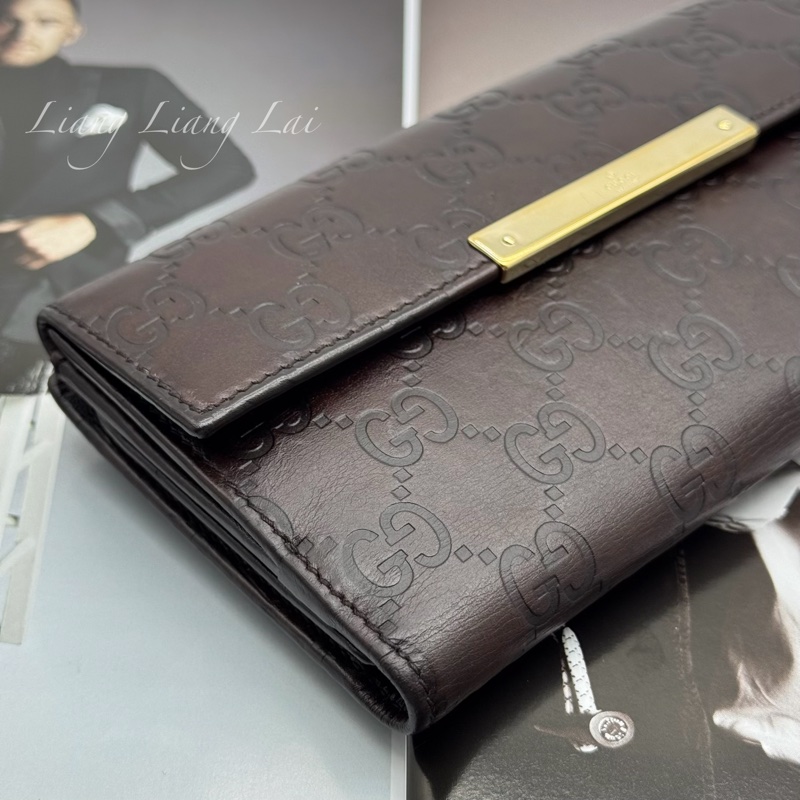 GUCCI 古馳 Guccissima 壓紋深咖啡色扣式長夾-22