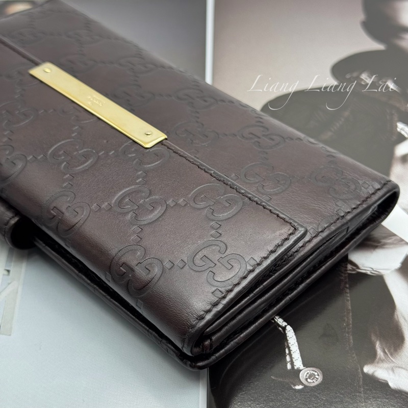 GUCCI 古馳 Guccissima 壓紋深咖啡色扣式長夾-23