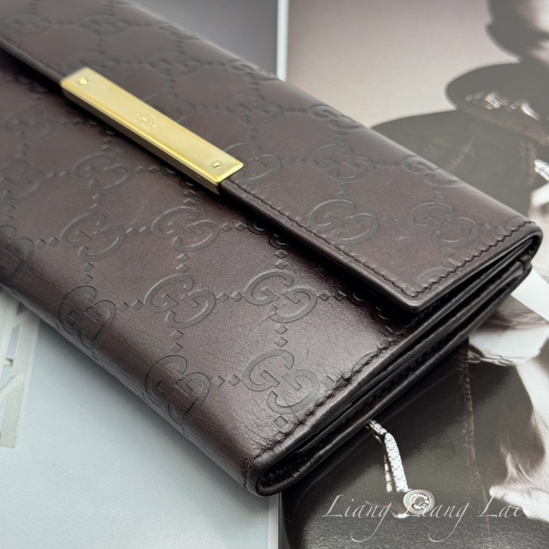 GUCCI 古馳 Guccissima 壓紋深咖啡色扣式長夾-24