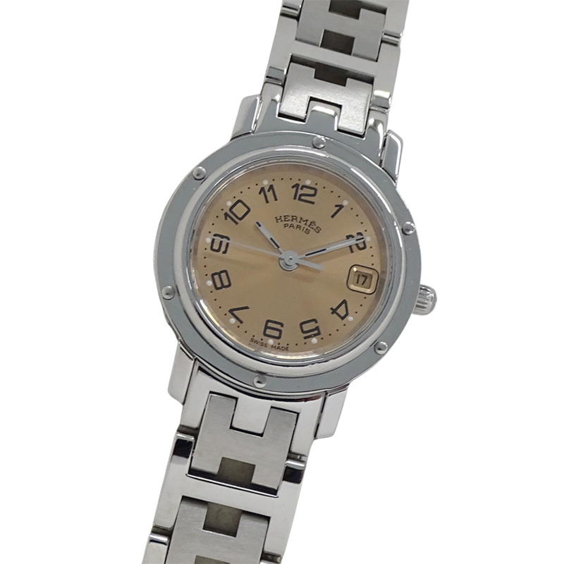 愛馬仕 Clipper Date 女士石英腕錶，不鏽鋼材質，CL4.210，銀色/粉紅色，拋光處理-0