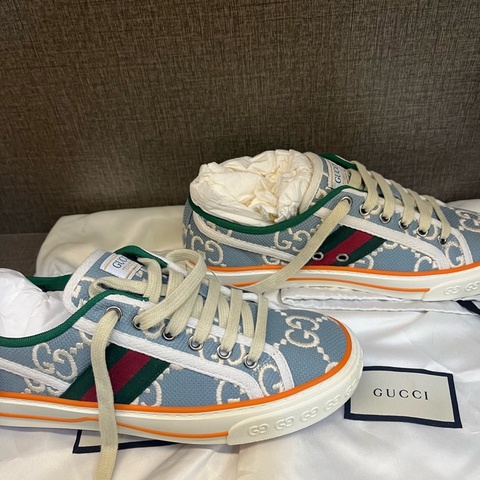 Gucci古馳1977復古運動鞋 雙G滿印休閒鞋 板鞋藍色 37碼