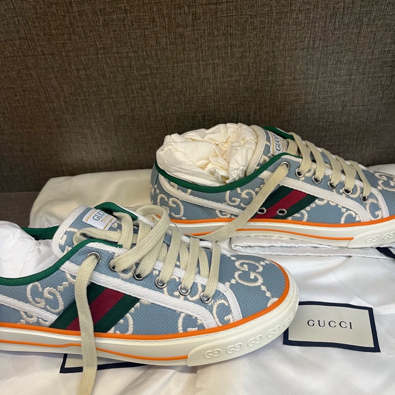 Gucci古馳1977復古運動鞋 雙G滿印休閒鞋 板鞋藍色 37碼-0