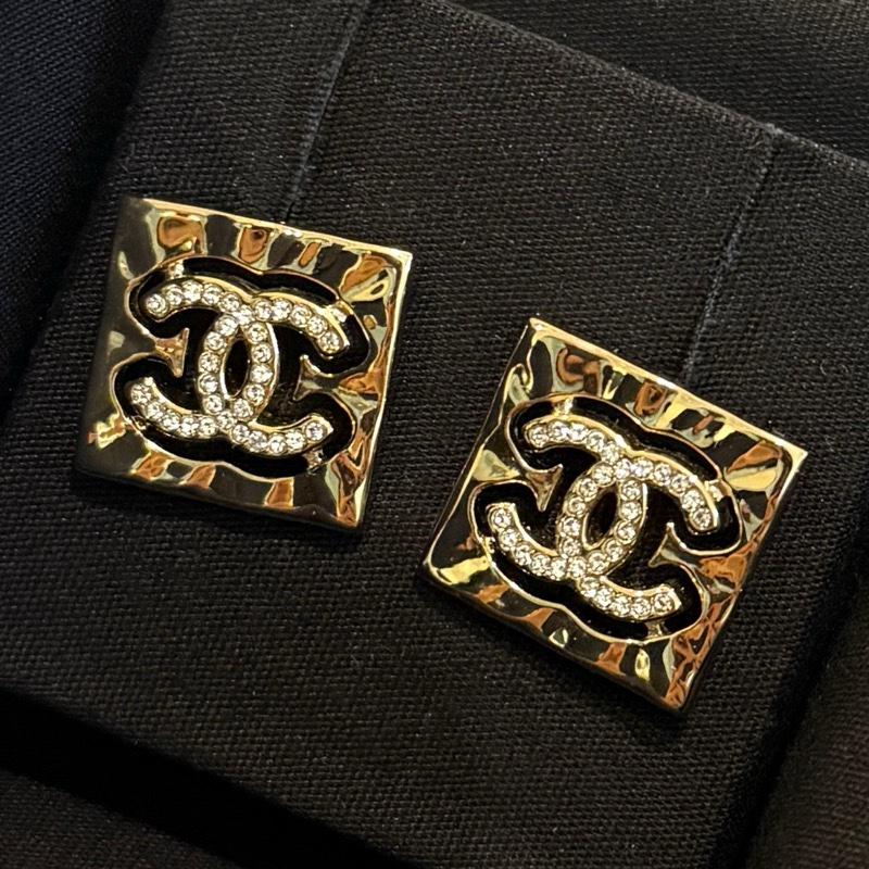 Chanel 雙C logo 方形復古滿鑽耳環 淡金色/耳針式-5