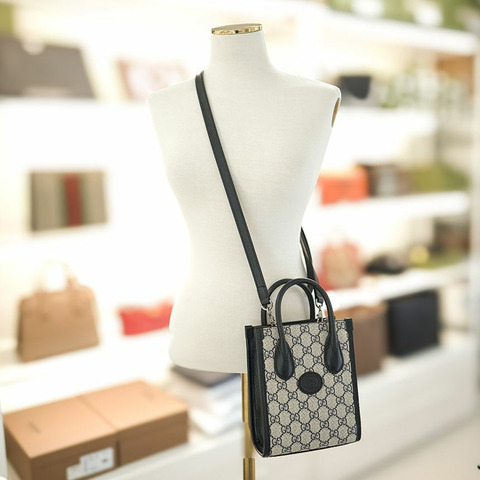 GUCCI 女士迷你托特包斜背包 671623 K9GSN 4075 塗層帆布 海軍藍