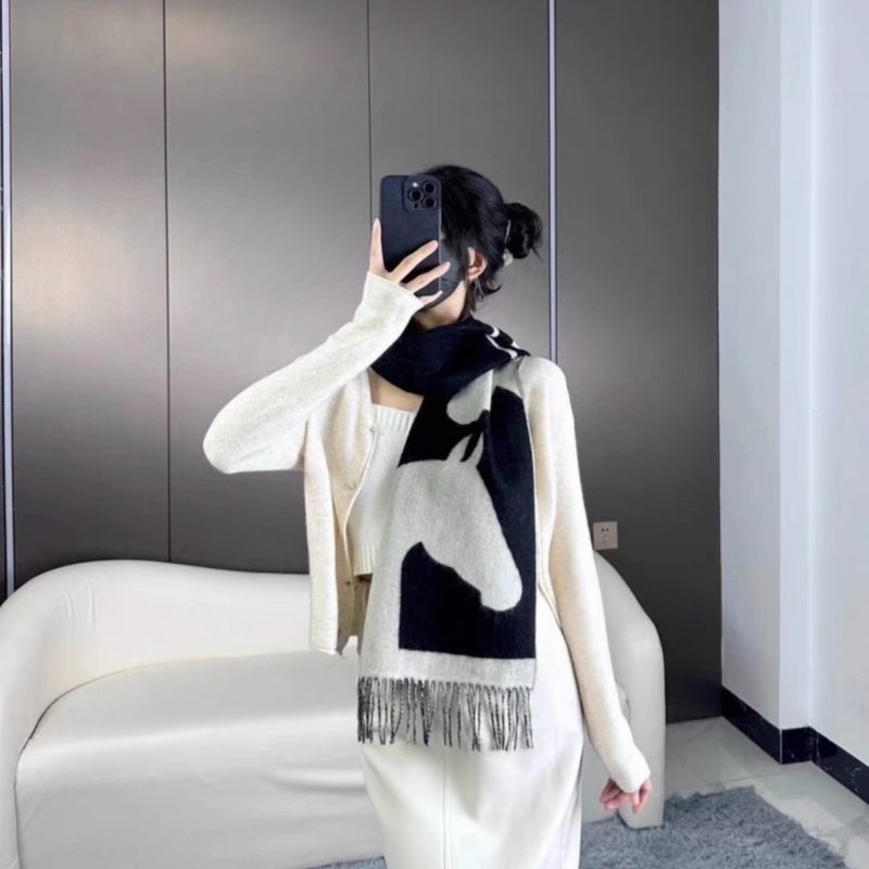 hermes 馬頭羊絨黑色圍巾拼色圍巾全新配件盒子吊牌-0