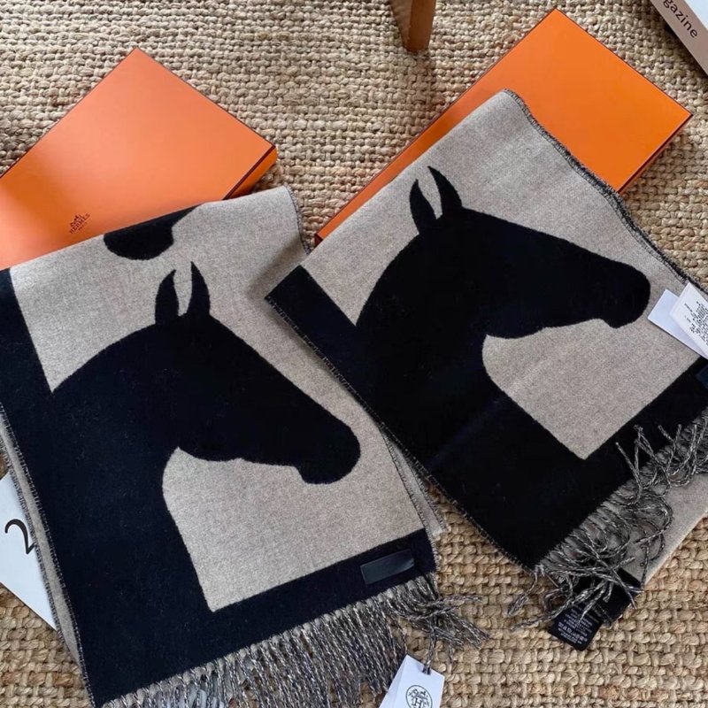 hermes 馬頭羊絨黑色圍巾拼色圍巾全新配件盒子吊牌-3