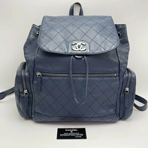 CHANEL 藍銀抽繩翻蓋後背包 28*32*17 98新配件保卡