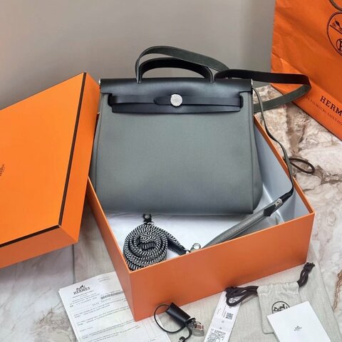 HERMES帆布拼皮herbag31  31*25*11 99新配件盒子塵袋購證吊牌鎖鑰匙 (後配肩帶）