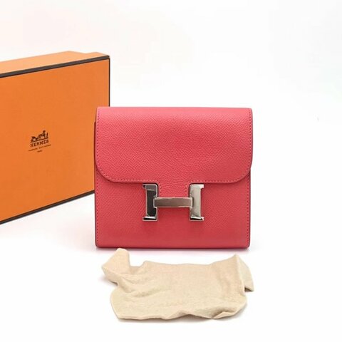 HERMES 玫瑰粉銀扣H錢包13*12*3 98新配件盒子毛氈布