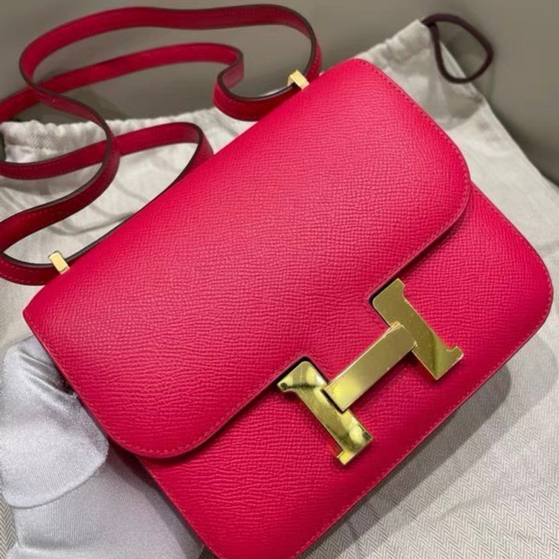 Hermes愛馬仕康康19 芍藥紅 金扣單肩斜挎包 D刻印 帶塵袋 Epsom皮-0