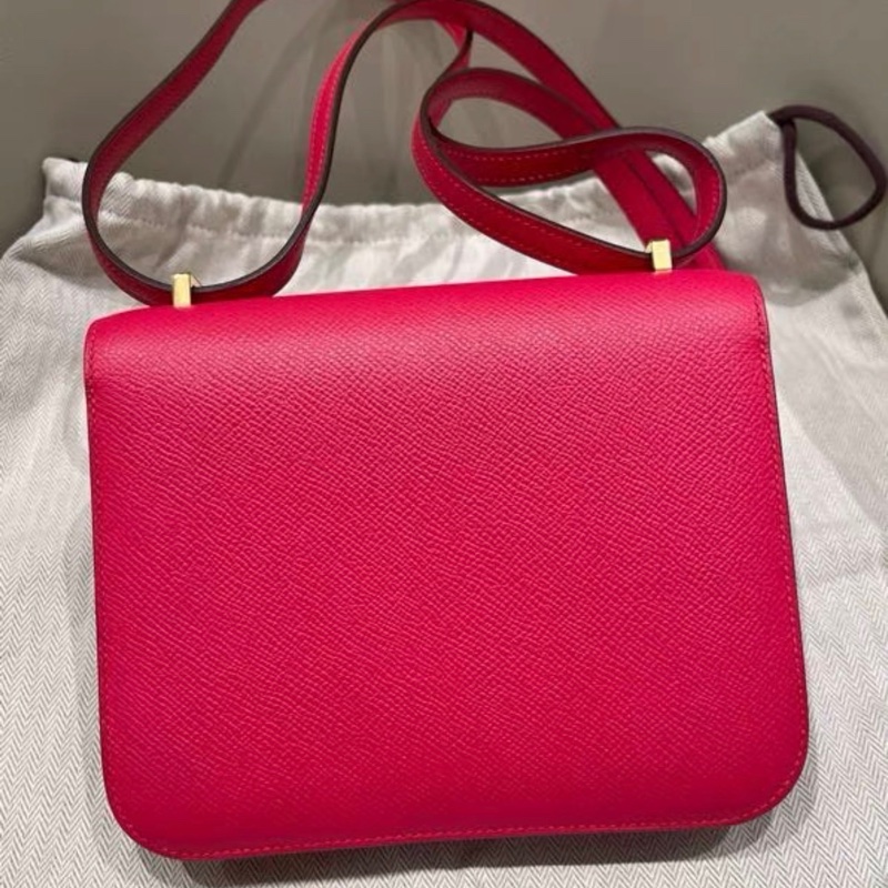 Hermes愛馬仕康康19 芍藥紅 金扣單肩斜挎包 D刻印 帶塵袋 Epsom皮-2