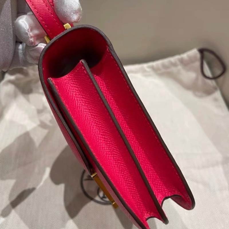 Hermes愛馬仕康康19 芍藥紅 金扣單肩斜挎包 D刻印 帶塵袋 Epsom皮-3