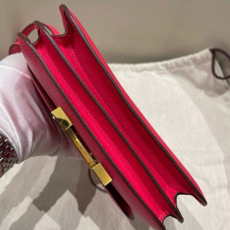 Hermes愛馬仕康康19 芍藥紅 金扣單肩斜挎包 D刻印 帶塵袋 Epsom皮-8